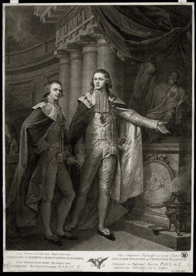 ロシア大公アレクサンドル 1 世パブロビッチ (1777-1825) とコンスタンティン パブロビッチ (1779-1831) の肖像画。 ジェームズ ウォーカー (1748 年-1808 年頃) の作品、1797 を彫刻します。英国美術 作： James Walker