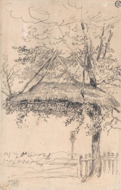木から吊るされたわらぶき屋根のシェルター（紙に鉛筆と黒インク） 作： James Ward