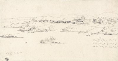 漁船のある沿岸の村（紙に鉛筆） 作： James Ward