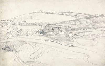 農場とトウモロコシの株のある風景（紙に鉛筆） 作： James Ward