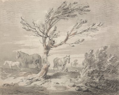 3頭の馬と前景に木がある風景 作： James Ward