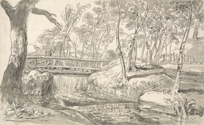 滝のある川の風景（紙にペンとインクで洗う） 作： James Ward