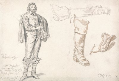 立像と長靴の研究、1825年（紙に黒鉛とセピア色のウォッシュ） 作： James Ward