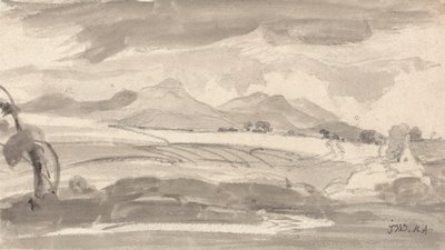 右側にコテージがあり、遠くの山々を見下ろすフィールドを見る 作： James Ward
