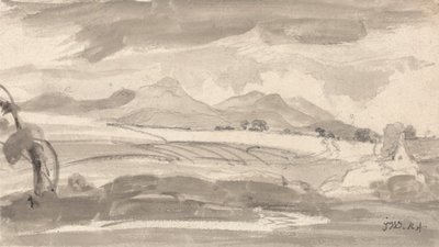畑から遠くの山々まで見渡せる眺め、右手にコテージが見える 作： ジェームズワード