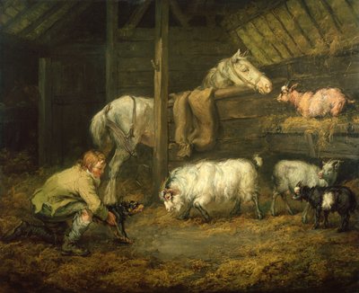 馬と羊と一緒に馬小屋にいる少年と彼の犬（キャンバスに油彩） 作： James Ward