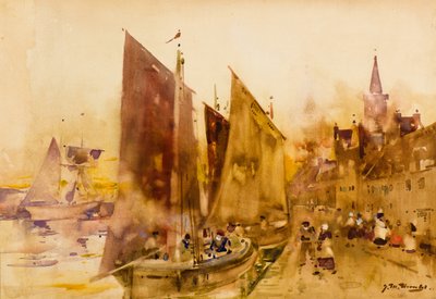 モントローズの岸壁でのフェリー漁船（水彩） 作： James Watterston Herald