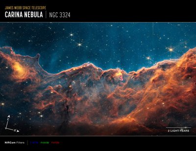 カリーナ星雲ジェット（NIRCam狭帯域フィルターコンパス画像） 作： James Webb Space Telescope (NASA)