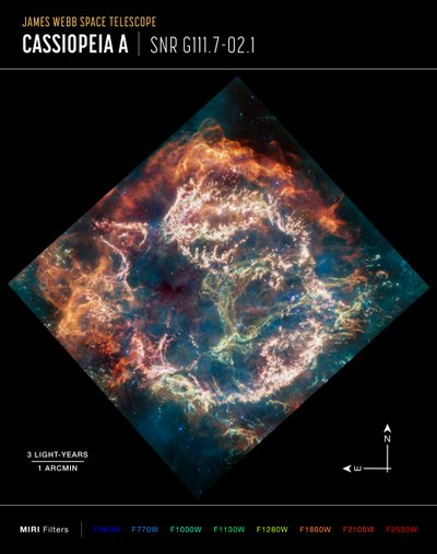 カシオペア座A（MIRIコンパス画像） 作： James Webb Space Telescope (NASA)