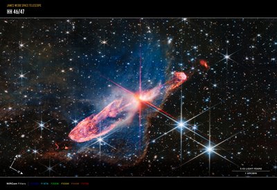 ヘルビッヒ・ハロ46/47（NIRCamコンパス画像） 作： James Webb Space Telescope (NASA)