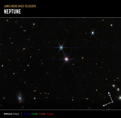 海王星広視野（NIRCamコンパス画像） 作： James Webb Space Telescope (NASA)