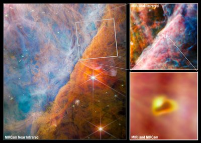 オリオンバーコラージュ（NIRCamとMIRIの画像） 作： James Webb Space Telescope (NASA)