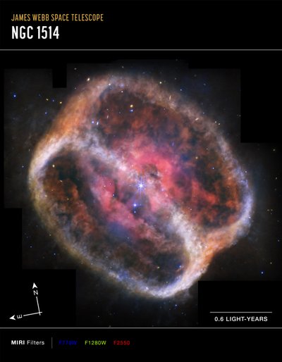 惑星状星雲 NGC 1514（MIRI コンパス画像） 作： James Webb Space Telescope (NASA)