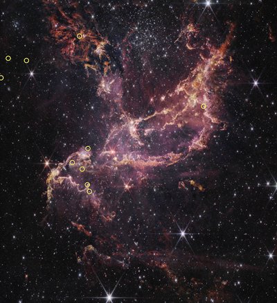 NGC 346の原始惑星系円盤（NIRCamによる画像） 作： James Webb Space Telescope (NASA)