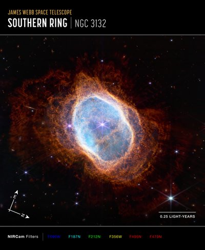 南環状星雲（NIRCamコンパス画像） 作： James Webb Space Telescope (NASA)