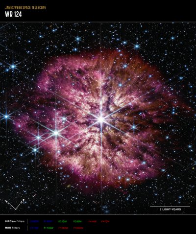 WR 124（NIRCamとMIRIのコンパス画像） 作： James Webb Space Telescope (NASA)