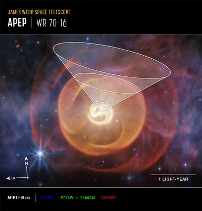 ウルフ・レイエ星「アペプ」（MIRIコンパス画像） 作： James Webb Space Telescope (NASA)