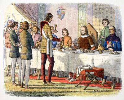 エドワード王子は、1356年、1864年、ポワチエでジョン・オブ・アルトワを倒した後、食卓でジョン・オブ・アルトワに仕える 作： James William Edmund Doyle
