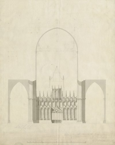 リッチフィールド大聖堂の内部-合唱団から身廊への入り口：描画と洗浄、nd [c 1780] 作： James Wyatt