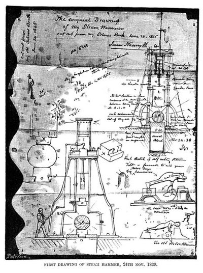 1839年11月24日、スミスハンマーの最初の絵、ナスミスのスケッチブックの引き裂かれたページから 作： James after Nasmyth