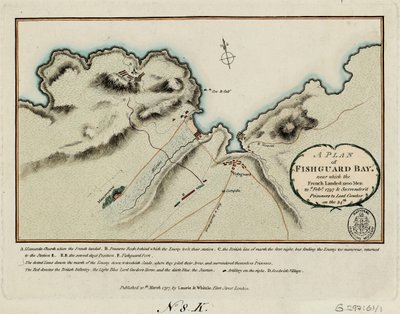 1797年2月22日、フランス軍が1200人を上陸させ、24日にコーダー卿に捕虜を投降させたフィッシュガード湾付近の見取り図。 作： James and Laurie Robert (1755 1836) Whittle