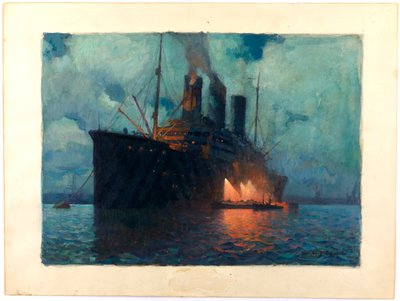 夜の輸送船への給油、1919年頃（油彩、板紙） 作： James de Vine Aylward
