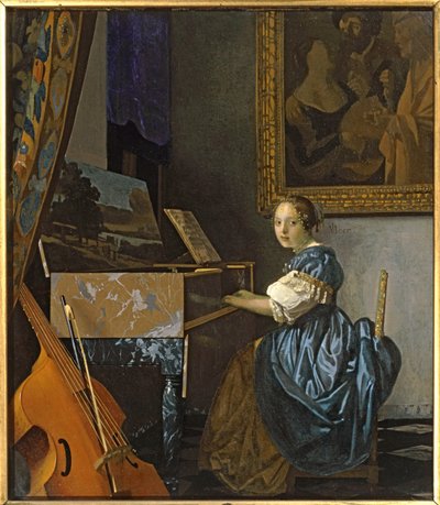 処女の席に座る若い女性...（キャンバスに描かれた絵） 作： Jan (1632-75) Vermeer