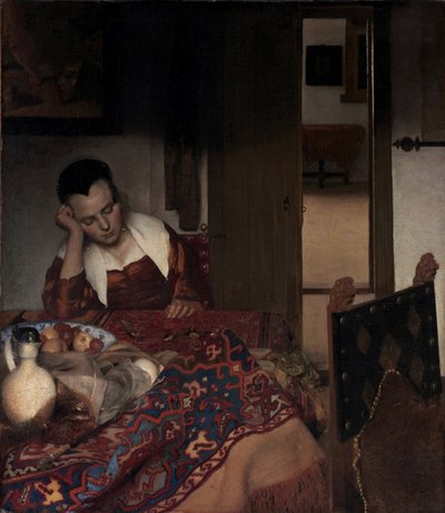 眠っている少女」 ヨハネス・フェルメール（デルフトのフェルメール）（1632-1675）の絵画、油彩・キャンバス 作： Johannes Vermeer