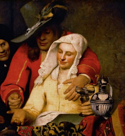 胸を触る女性にコインを差し出す男性（『The Procuress』より）。 作： Johannes Vermeer