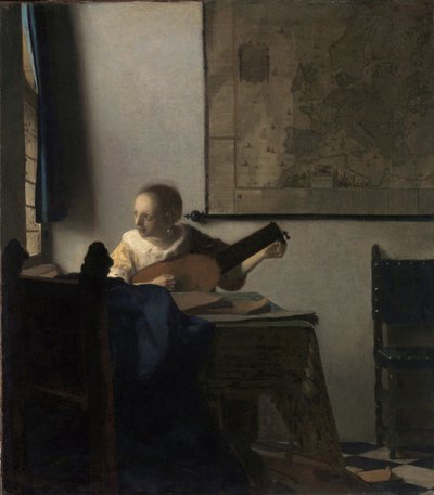 リュートを弾く女」ヨハネス・フェルメール（フェルメール・デ・デルフト）（1632-1675）の絵画、油彩・カンヴァス、1663年頃、51,4x45,7 cm。ニューヨーク、メトロポリタン美術館 作： Johannes Vermeer