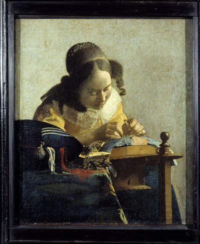 レースのことです。デルフトのヤン（ヨハネス）・フェルメール（1632-1675）の絵画、1658-1660年頃。油彩・キャンバスディム：0.24x0.21m。ルーブル美術館。 作： Johannes Vermeer