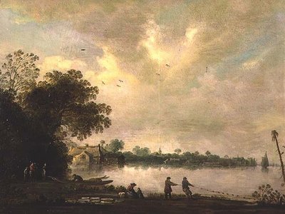 漁師が網を引いている川の風景 作： Jan (attr. to) Coelenbier