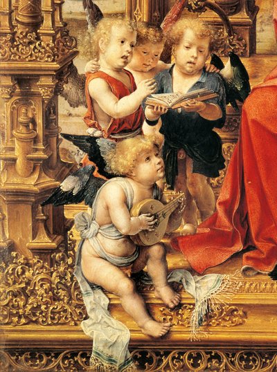 楽器を演奏する天使、マルヴァーンのトリプティクの中央パネルの詳細 作： Jan (c.1472 c.1533) Gossaert