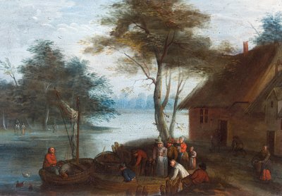建物のそばにいる人物がボートに乗り込んでいる川の風景 作： Jan (follower of) Brueghel