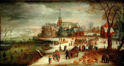 マーケットやスケーターがいる冬のシェールとシェルト川の風景 作： Jan (follower of) Brueghel