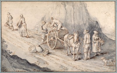 一頭の馬車に根菜類を積む農民たち（紙にペンとインク、ウォッシュ 作： Jan (follower of) Brueghel