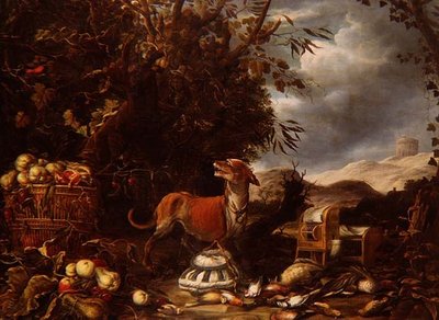 風景の中の枯れた鳥、鳥かご、果物、東屋のそばにいる犬の狩猟の静物画 作： Jan (follower of) Fyt