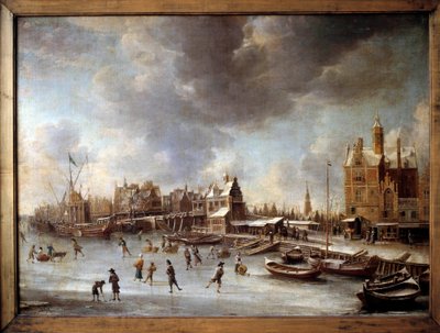 冬の風景。凍った湖の上のスケーターたち。ブルスタテン(1622-1666)の絵画 17世紀ベルリン、国立博物館 作： Jan Abrahamsz. Beerstraten