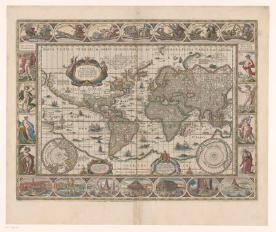 Wereldkaart は装飾的にランデンに会いました 全世界の新しい地理的および水路地図 作： Jan Aertse van den Ende