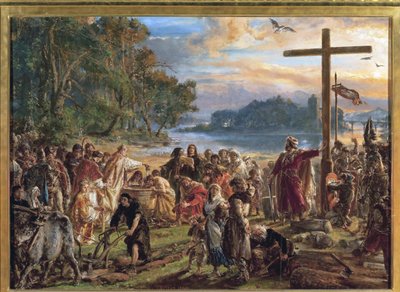 La chhristiannisation de la Pologne, 966 - The Christianization of Poland, 966.マテイコ、ヤン・アロージ（1838-1893）のシリーズ「ポーランドの文明史」より。木に油彩 作： Jan Alojzy Matejko