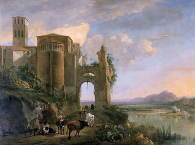 「SS ジョヴァンニ エ パオロ教会のある川の風景、ローマ」、1630～1652 年頃 作： Jan Asselijin