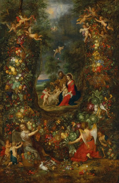 プッティに支えられた果実の花輪に囲まれた聖家族（油彩・パネル） 作： Jan & Balen Hendrik van (1575-1632) Brueghel