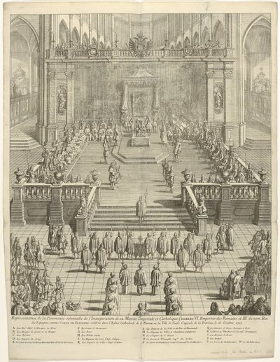 1717 年、ファン カイザー カレル 6 世の肖像 彼の皇帝とカトリック陛下チャールズ 6 世の就任式の厳粛な式典の表現。 フランドル伯としてローマ帝国第3代スペイン国王 作： Jan Baptist Berterham