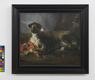 怒った猫のそばで肉をくわえる猪の猟犬 1647-55年頃 油彩・カンヴァス 作： Jan Baptist Weenix