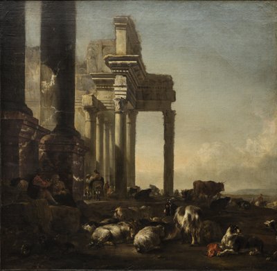 古典的な遺跡のそばに農民、牛、羊がいるイタリア風風景 1650年代頃（油彩・キャンバス 作： Jan Baptist Weenix