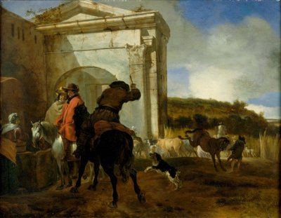 泉のほとりに馬がいるイタリアの風景 作： Jan Baptist Weenix
