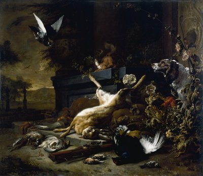 野ウサギ、黒ライチョウ、パートリッジ、鳩と飛行中のスパニエルを含むゲームの静物、c。 1680 作： Jan Baptist Weenix
