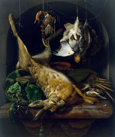 死んだノウサギ、ヤマウズラ、その他の鳥のあるニッチのある静物、1675年頃 作： Jan Baptist Weenix