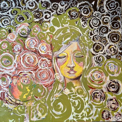 Girl With Parrott, 2024 （キャンバスにアクリル画） 作： Jan Barzottini