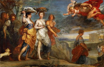 マーキュリーとヘルセの出会い - ヤン・ボックホルスト（1604-1668）。油彩・キャンバス 作： Jan Boeckhorst